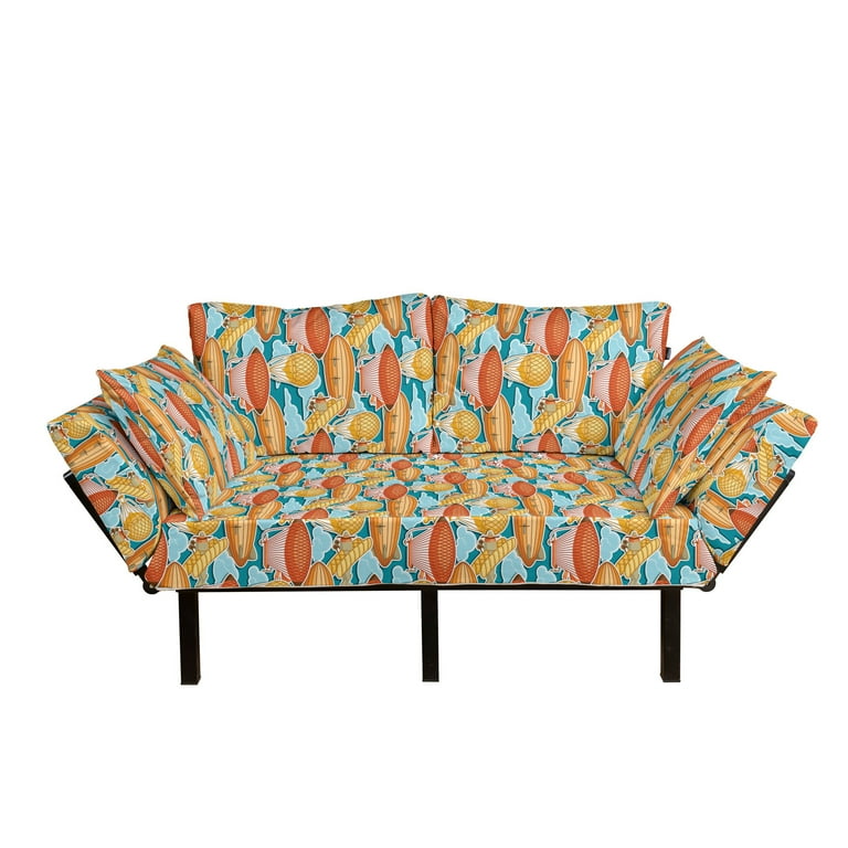 Vintage Airplane Futon Couch Zeppelin Hot Air Balloon Blimp and Propeller Plane Pattern in Cloudy Sky Daybed with Metal Frame Upholstered Sofa for