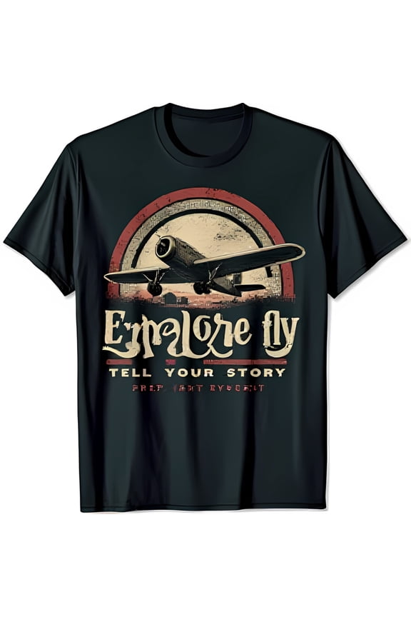 Vintage Airplane Graphic Black T-Shirt 'Explore Fly' Design