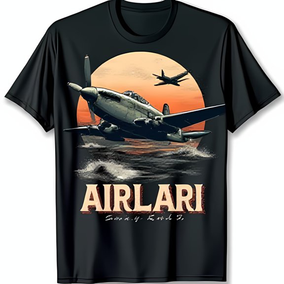 Vintage Airplane Graphic Black T-Shirt Sunset Ocean Design 'AIRLARI'