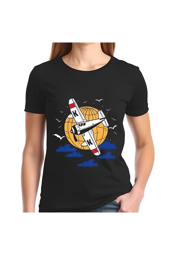Vintage Airplane Graphic T-Shirt - Retro Style Adventure Tee with Globe & Clouds - Comfortable Fit