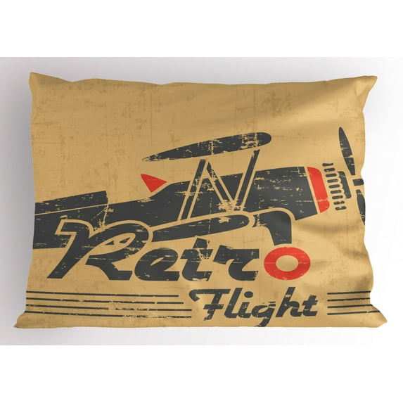Vintage Airplane Pillow Sham Retro Flight Emblem with Old Plane Stripes Grunge Style, Decorative Standard Size Printed Pillowcase, 26 X 20 Inches, Pale Brown Black Scarlet, by Ambesonne