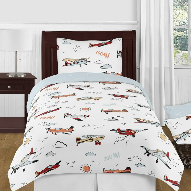 4pc Airplane Twin Kids Comforter Bedding Set Red and Blue Sweet Jojo Designs