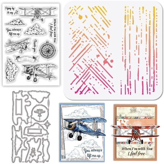 Vintage Airplane Silicone Clear Stamps Metal Clouds Compass Banner Frame Cutting Die Cuts Airplane PET Paint Craft Stencils Template for Card Making and DIY Embossing Scrapbooking Craft