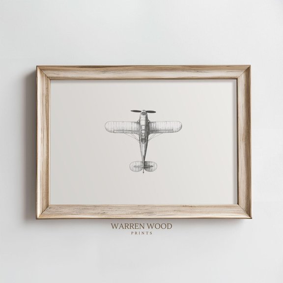 Vintage Airplane Sketch Print, Minimalist Aviation Wall Art, Neutral Landscape, Historic Plane Drawing, Off,White Wall Art Home Decor #1290, Unframed Poster Size 8x12