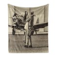 thumbnail image 1 of Vintage Airplane Soft Flannel Fleece Blanket, Brunette Young Woman Hugging a Pilot Historical Aircraft Homecoming Image Print, Cozy Plush for Indoor and Outdoor Use, 70" x 90", Sepia, by Ambesonne, 1 of 6