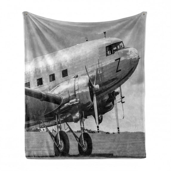 Vintage Airplane Soft Flannel Fleece Blanket, Old Airliner Cockpit Antique Engine Propellers Wings and Nostalgia Image, Cozy Plush for Indoor and Outdoor Use, 50" x 60", Grey Black, by Ambesonne