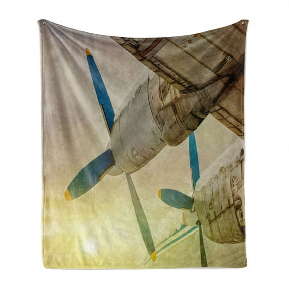 Vintage Airplane Soft Flannel Fleece Blanket, Old Wing Aircraft with Propellers at Sunset Snowy Winter Sky Image, Cozy Plush for Indoor and Outdoor Use, 60" x 80", Brown Blue Yellow, by Ambesonne