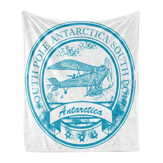 Vintage Airplane Soft Flannel Fleece Blanket, South Pole Antarctica Words on Retro Style Blue Stamp Grunge Airplane, Cozy Plush for Indoor and Outdoor Use, 50" x 70", Sky Blue White, by Ambesonne