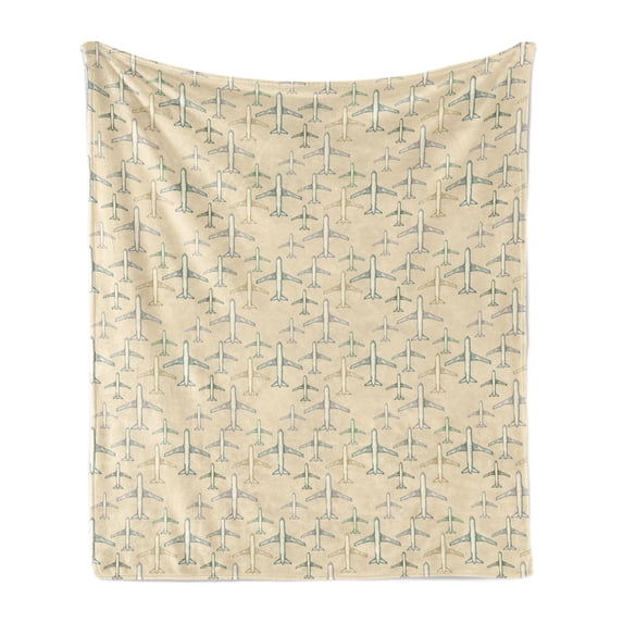 Vintage Airplane Soft Flannel Fleece Blanket, Transportation Vacation Themed Hand Drawn Commercial Airplane Silhouettes, Cozy Plush for Indoor and Outdoor Use, 60" x 80", Multicolor, by Ambesonne