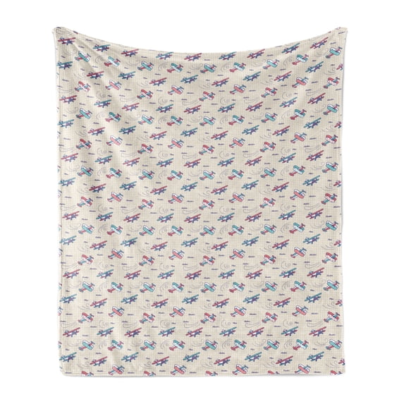 Vintage Airplane Soft Flannel Fleece Throw Blanket, Colorful Aircrafts on Notebook Background Adventure Exploration Theme, Cozy Plush for Indoor and Outdoor Use, 50" x 60", Multicolor, by Ambesonne