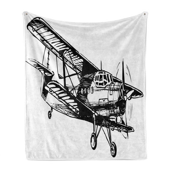 Vintage Airplane Soft Flannel Fleece Throw Blanket, Drawing of a Monoplane Sketchy Monochrome Design, Cozy Plush for Indoor and Outdoor Use, 60" x 80", Black and White, by Ambesonne