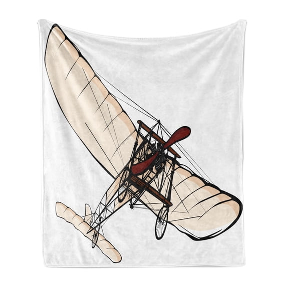 Vintage Airplane Soft Flannel Fleece Throw Blanket, Old Fashioned Plane Engine Flight Illustration Print, Cozy Plush for Indoor and Outdoor Use, 50" x 70", Peach Burgundy Black, by Ambesonne
