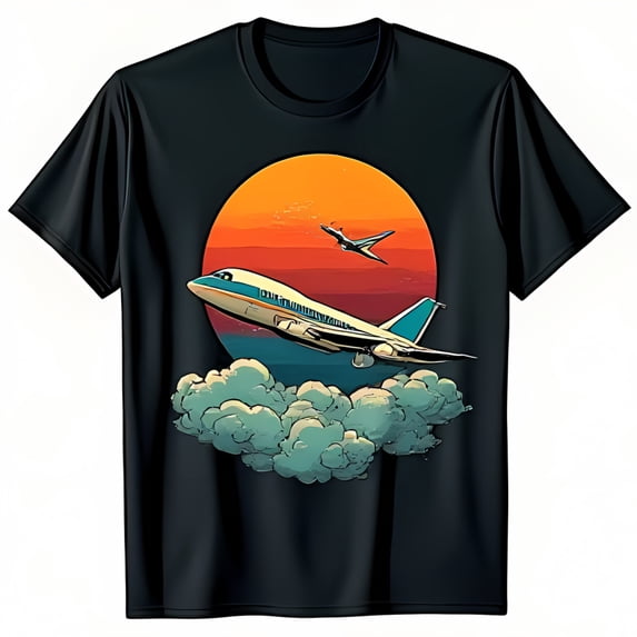 Vintage Airplane Sunset Black T-Shirt Retro Design with Clouds & Colors