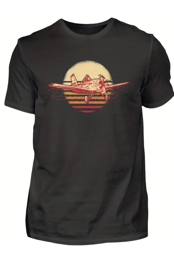 Vintage Airplane Sunset Graphic T-Shirt Retro Aviation Pilot Men's Short Sleeve Tee