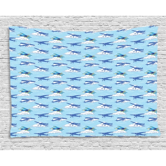Vintage Airplane Tapestry, Aircraft Silhouettes Flying in the Sky Above the Clouds, Wall Hanging for Bedroom Living Room Dorm Decor, 60W X 40L Inches, Dark Blue Pale Blue Yellow, by Ambesonne