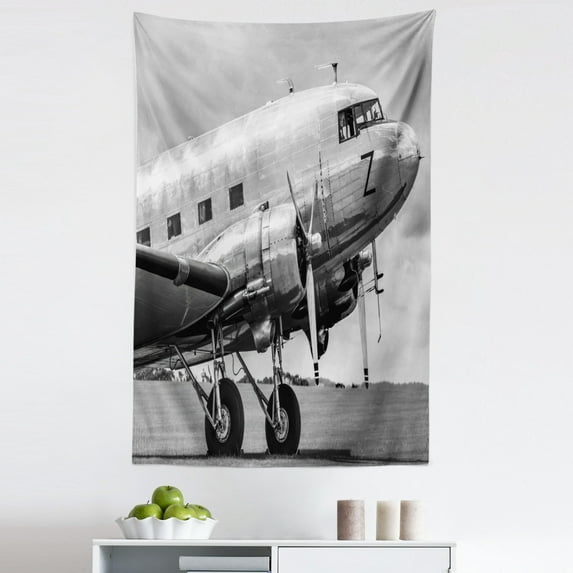 Vintage Airplane Tapestry, Old Airliner Cockpit Antique Engine Propellers Wings and Nostalgia Image, Fabric Wall Hanging Decor for Bedroom Living Room Dorm, 5 Sizes, Grey Black, by Ambesonne