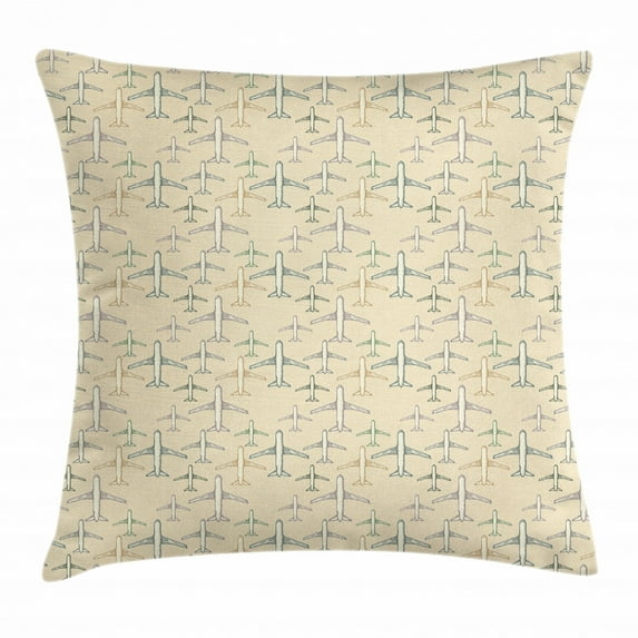 Vintage Airplane Throw Pillow Cushion Cover, Transportation Vacation Themed Hand Drawn Commercial Airplane Silhouettes, Decorative Square Accent Pillow Case, 18 X 18 Inches, Multicolor, by Ambesonne