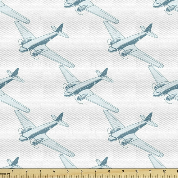 Ambesonne Vintage Airplane Fabric by the Yard Upholstery, Travel Pattern, 10 Yards, Pale Blue White