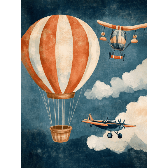 Vintage Airplane and Hot Air Balloon Canvas Print/Wall Art Suitable for Living Room Bedroom Office Nursery and Gallery Wall Decor.