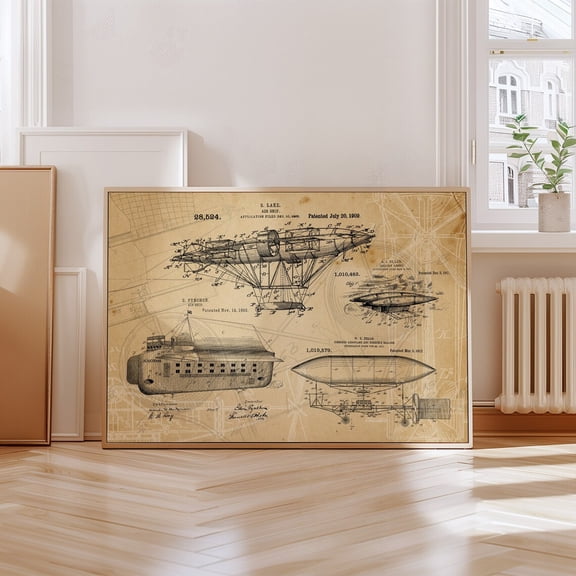 Vintage Airship Patent Wall Art Print, Steampunk Dark Academia Decor Unframed Paper Print