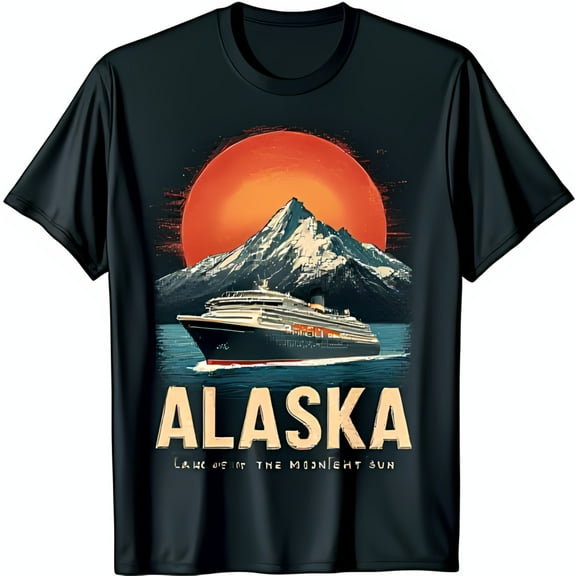 Vintage Alaska Graphic T-Shirt Cruise Ship Mountain Range & Red Sun Design