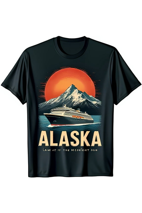 Vintage Alaska Graphic T-Shirt Cruise Ship Mountain Range & Red Sun Design