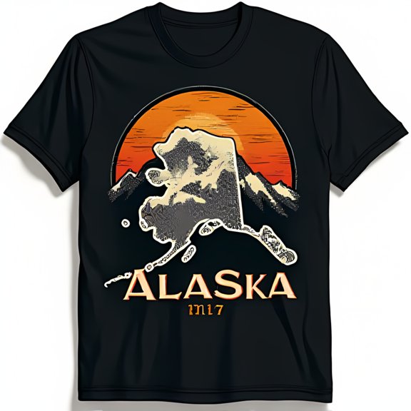 Vintage Alaska Sunset Graphic Black T-Shirt with Mountain 1917