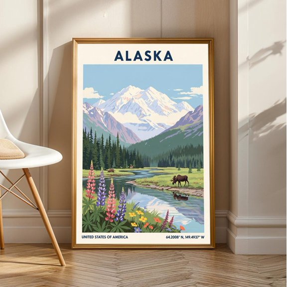 Vintage Alaskan Landscape Poster: Gouache Style Art Print, Stretched Canvas Size 8x12