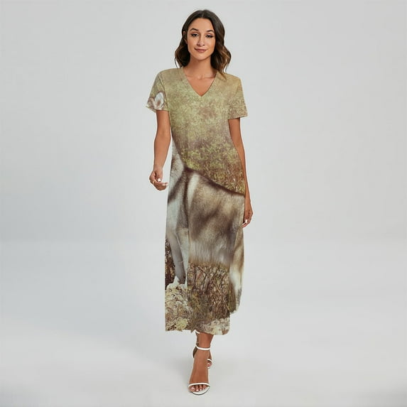 Vintage Alaskan Malamute Printed Short Sleeve Maxi Dress, Dog Pet Lover Fashion Summer Maxi Dress For Women