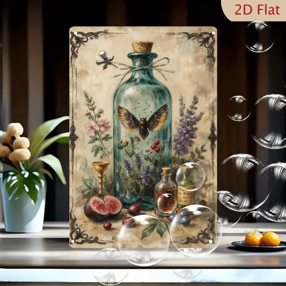 Vintage Alchemy Still Life 8x12in Metal Wall Art, Mystical Potion Bottle with Moth, Lavender & Berries, Antique Filigree Frame, Boho Home Decor
