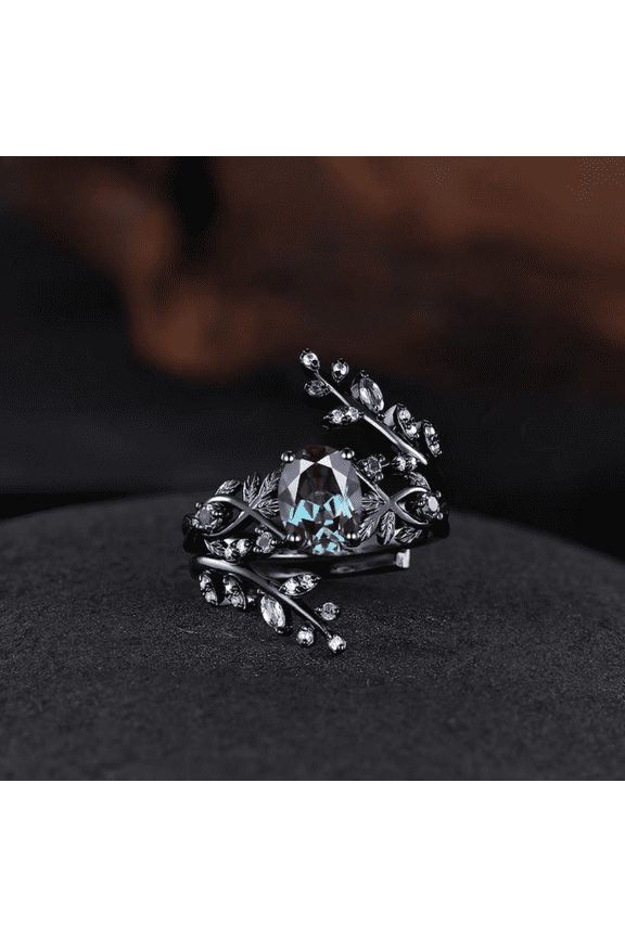 Vintage Alexandrite Engagement Ring Set in 14K Black Gold Vermeil- Art Deco Cluster Leaf Wedding Set- Bridal Promise Ring