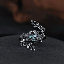 Vintage Alexandrite Engagement Ring Set in 14K Black Gold Vermeil- Art Deco Cluster Leaf Wedding Set- Bridal Promise Ring