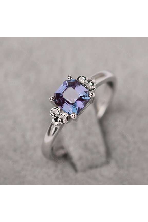 Vintage Alexandrite Promise Ring Silver Asscher Cut Color Changing June Birthstone Ring