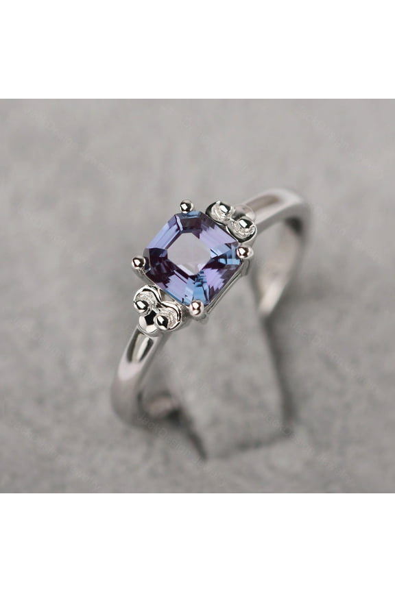 Vintage Alexandrite Promise Ring Silver Asscher Cut Color Changing June Birthstone Ring