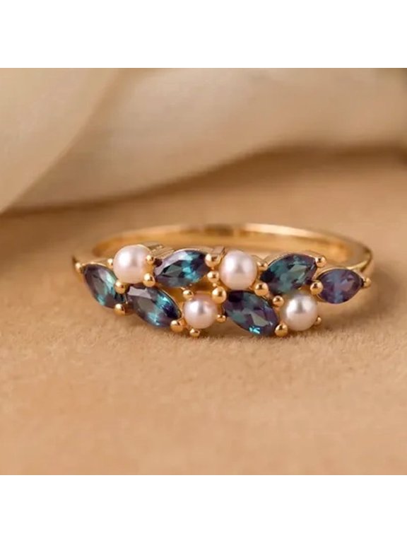 Vintage Alexandrite and Pearl Ring, Marquise Blue Gemstone Cluster Band, Art Deco Floral Promise Ring, 925 Sterling Silver Anniversary Gift for Her