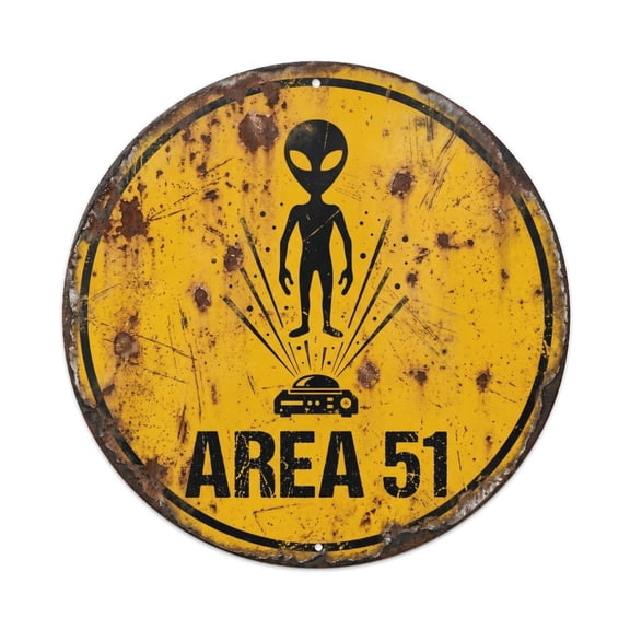 Vintage Alien Area 51 Hologram Projection Vintage Metal Tin Sign Plaque Wall Decor for Cafe, Club, Garden Round Metal Poster 8x8Inch