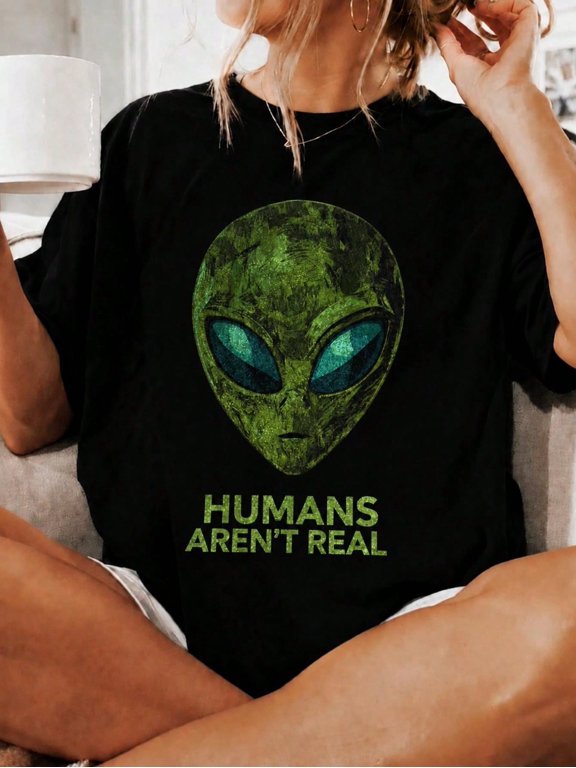 Vintage Alien Head Print Short Sleeve Tee Funny Crew Neck Summer Casual Top