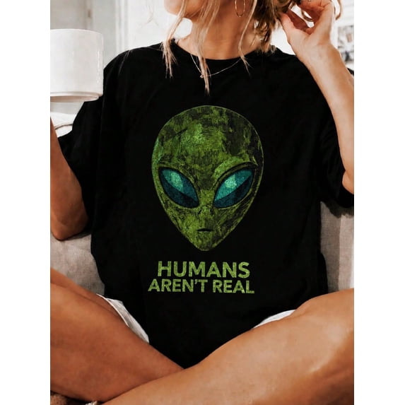 Vintage Alien Head Print Short Sleeve Tee Funny Crew Neck Summer Casual Top