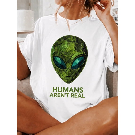 Vintage Alien Head Print Short Sleeve Tee Funny Crew Neck Summer Casual Top
