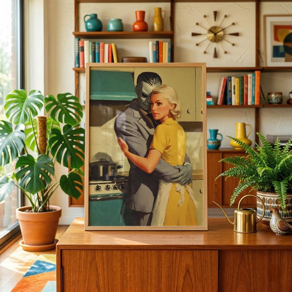 Vintage Alien Romance Art Print 1950S Retro Housewife Scifi Midcentury Kitchen Couple Wall Decor Pulp Art Quirky Him Her Gift