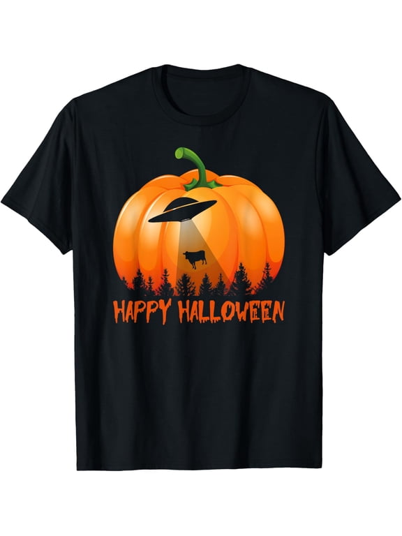 Vintage Alien UFO Pumpkin Halloween T-Shirt men and women can wear, black, white, gifts