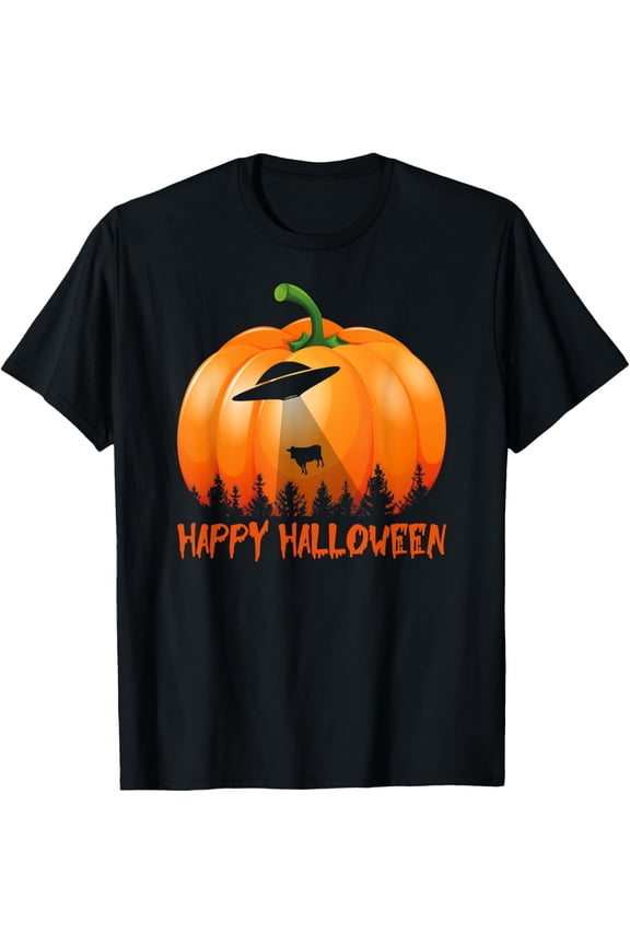 Vintage Alien UFO Pumpkin Halloween T-Shirt men and women can wear, black, white, gifts