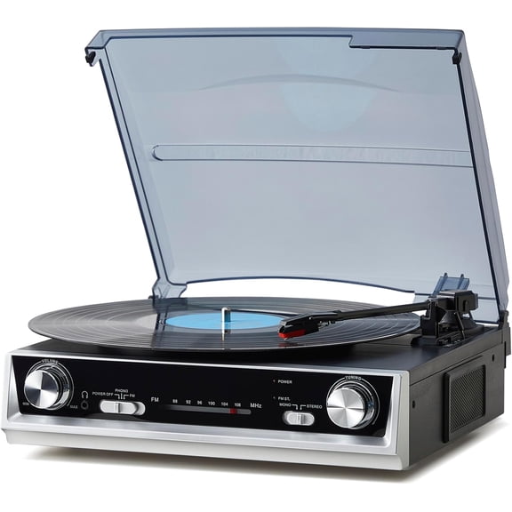 Vintage All-in-One Record Player with Built-in Speakers, 3-Speed 33/45/78 RPM Turntable, FM Radio, RCA & Headphone Output, Black Wood Finish  No Bluetooth