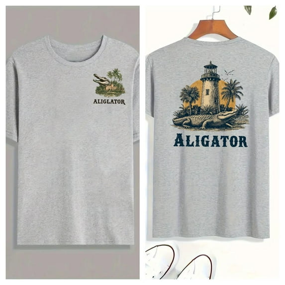 Vintage Alligator Lighthouse Tee Washed Graphic T-Shirt Top Short Sleeve Cotton Shirt Gray S-5XL