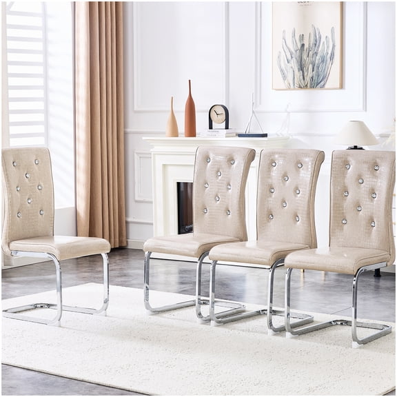 Vintage Alligator Print Dining Chairs Set of 4, Beige Faux Leather with Rhinestone Buckles and Curved Metal Legs