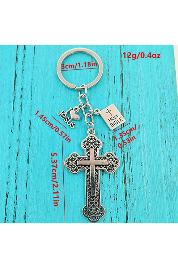 Vintage Alloy Cross Keychain With HOLY BIBLE Retro Metal Crucifix Keyring Christian Cross Key Pendant Fashion Bag Charm Religious Accessory Spring Spiritual Gift(B)