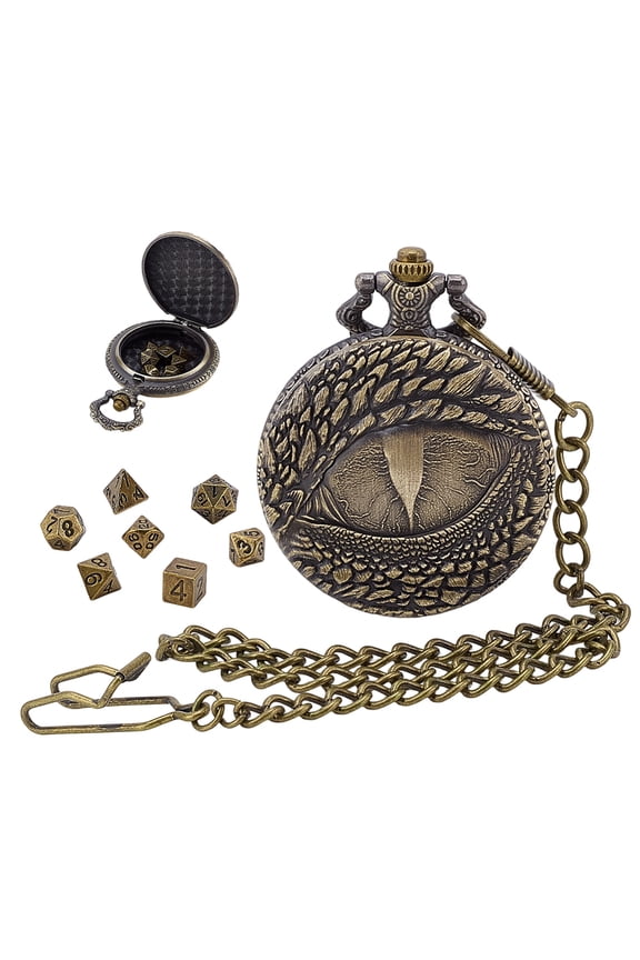 Vintage Alloy Flat Round Dragon Eye Pocket Watch with Brass Curb Chain Clips and 7Pcs Dices Bronze 438mm for diy