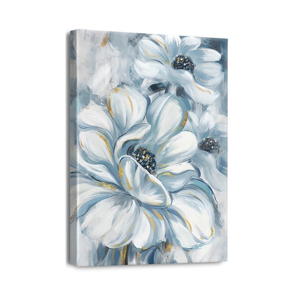 Vintage Allure Abstract Navy Blue Floral Canvas Wall Art, Stylish Flower Paintings for Bedroom & Bathroom Decor, 12x16 inches