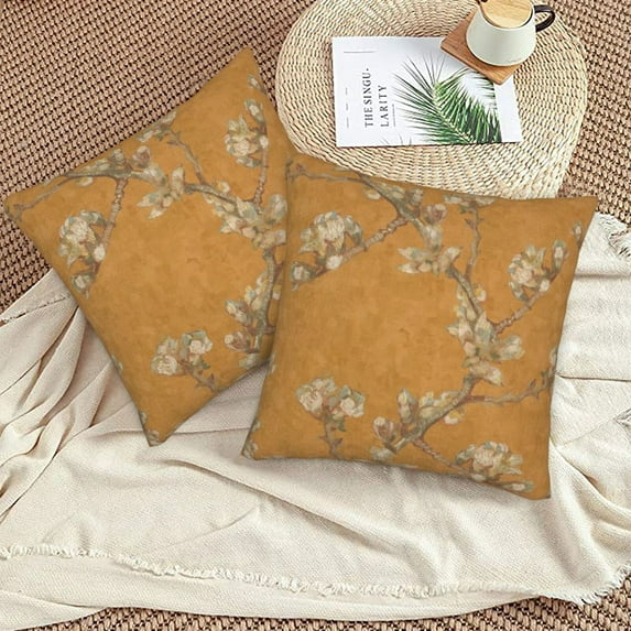 Vintage Almond Blossom Throw Pillow Covers 16"X16" Set Of 2 Sofa Rustic Home Decor For Living Room Bedroom Bed Cushion Outdoor