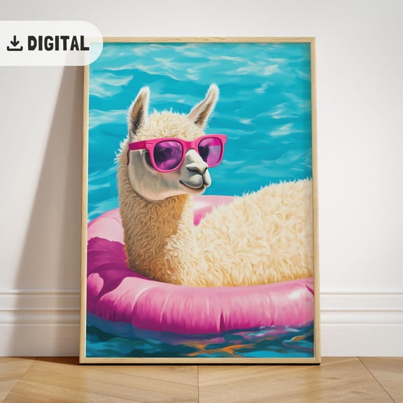Vintage Alpaca Summer Poster, Pool Party Decoration, Poster Llama Beach, Coastal Wall Art, Unframed Poster Size 16x24